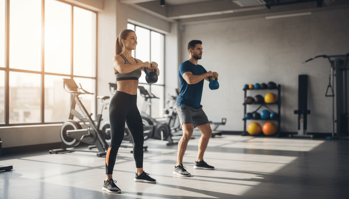 Personal trainer demonstrating kettlebell form beside client in bright modern gym