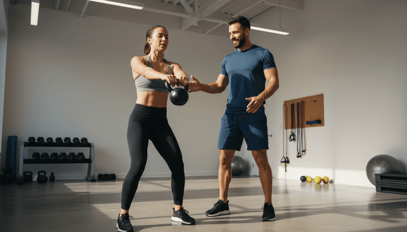 Personal trainer demonstrating kettlebell exercise with client in bright gym setting in Prince George
