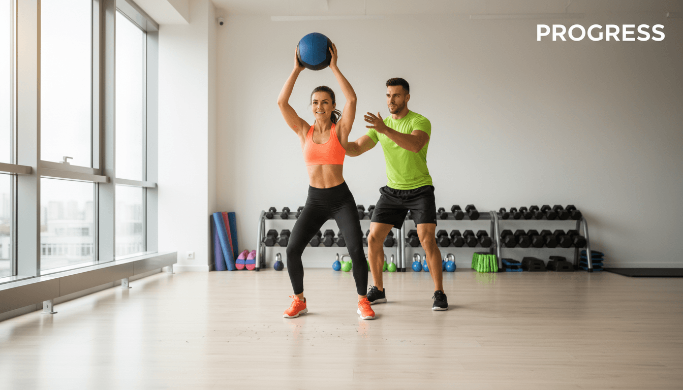 Personal trainer and client smiling in a bright Prince George gym