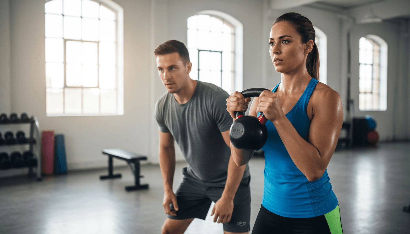 Personal trainer demonstrating kettlebell form alongside client in bright gym setting