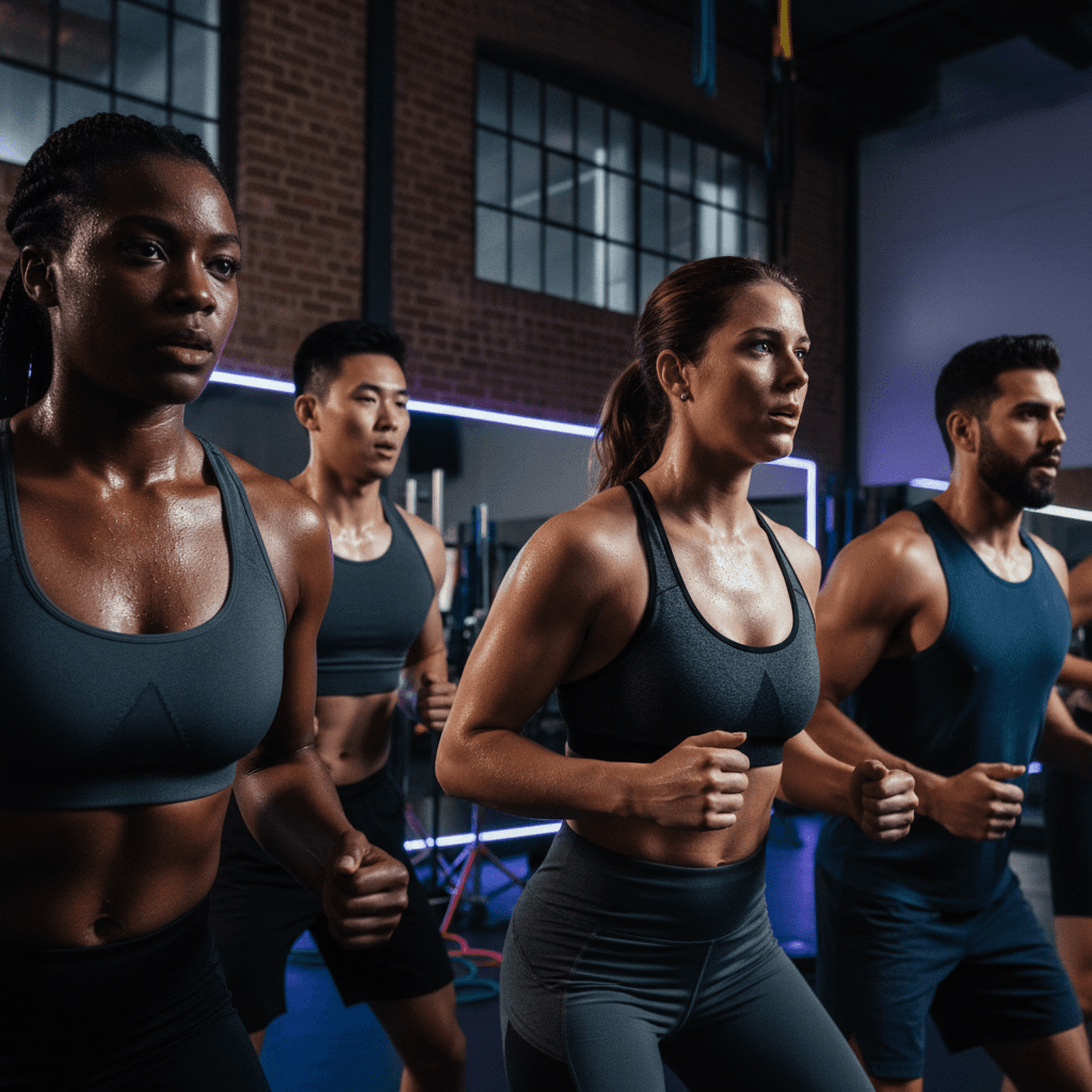 Diverse group of people pushing hard together during an intense group workout