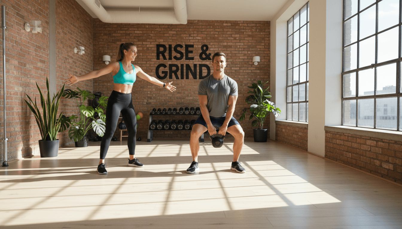 Personal trainer Jennifer demonstrating proper kettlebell form in a bright Prince George gym