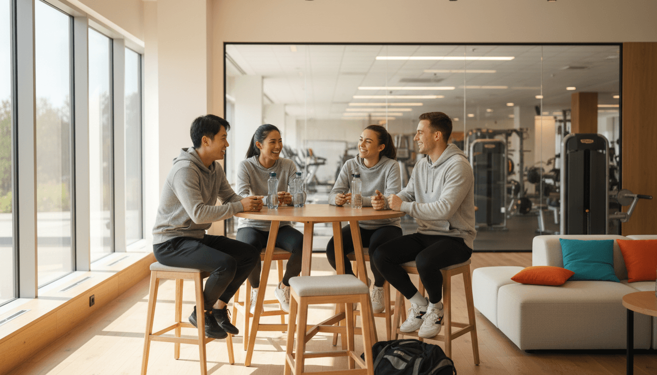 Group of friends taking a break together, smiling and chatting during training