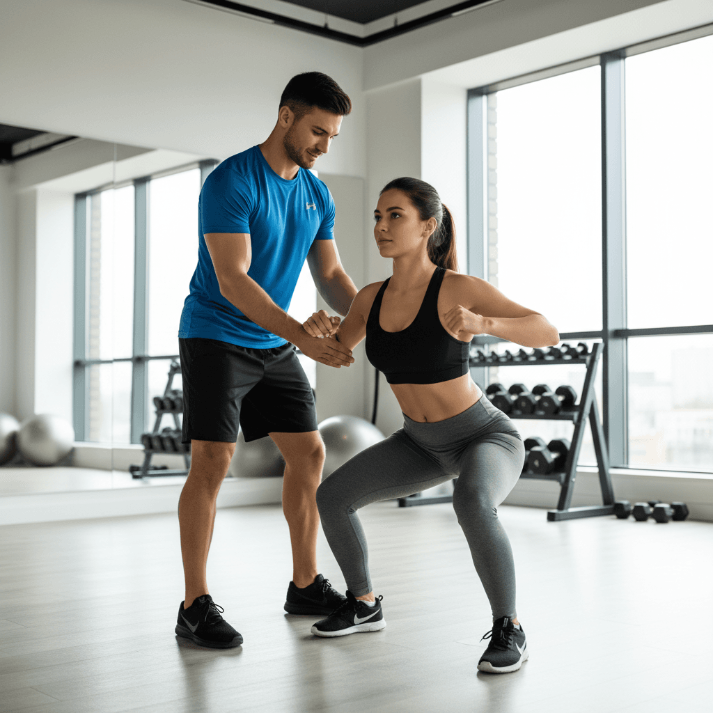 Personal trainer demonstrating dumbbell technique with client in Prince George studio