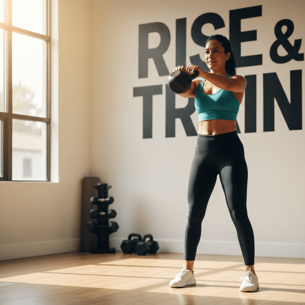 Personal trainer demonstrating kettlebell form with client in bright gym setting