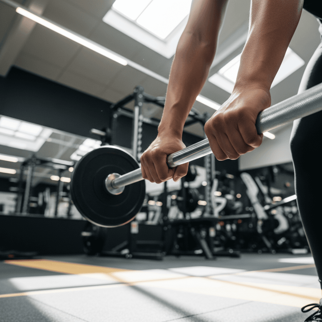 Close-up of female athlete's hands gripping barbell during weightlifting with perfect form in bright, modern gym